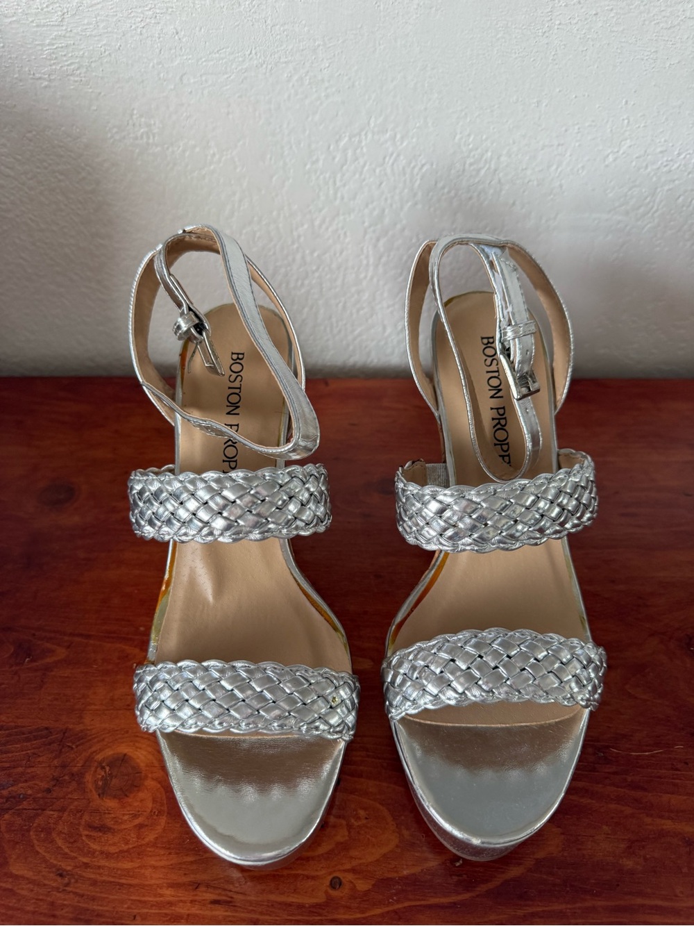 Boston Proper Metallic Silver Braided-Strap Heeled Sandals